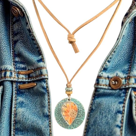 Jewelry - Boho Sunflower Pendant Necklace - Tan Cord, Turquoise & Orange Medallion. NWT
